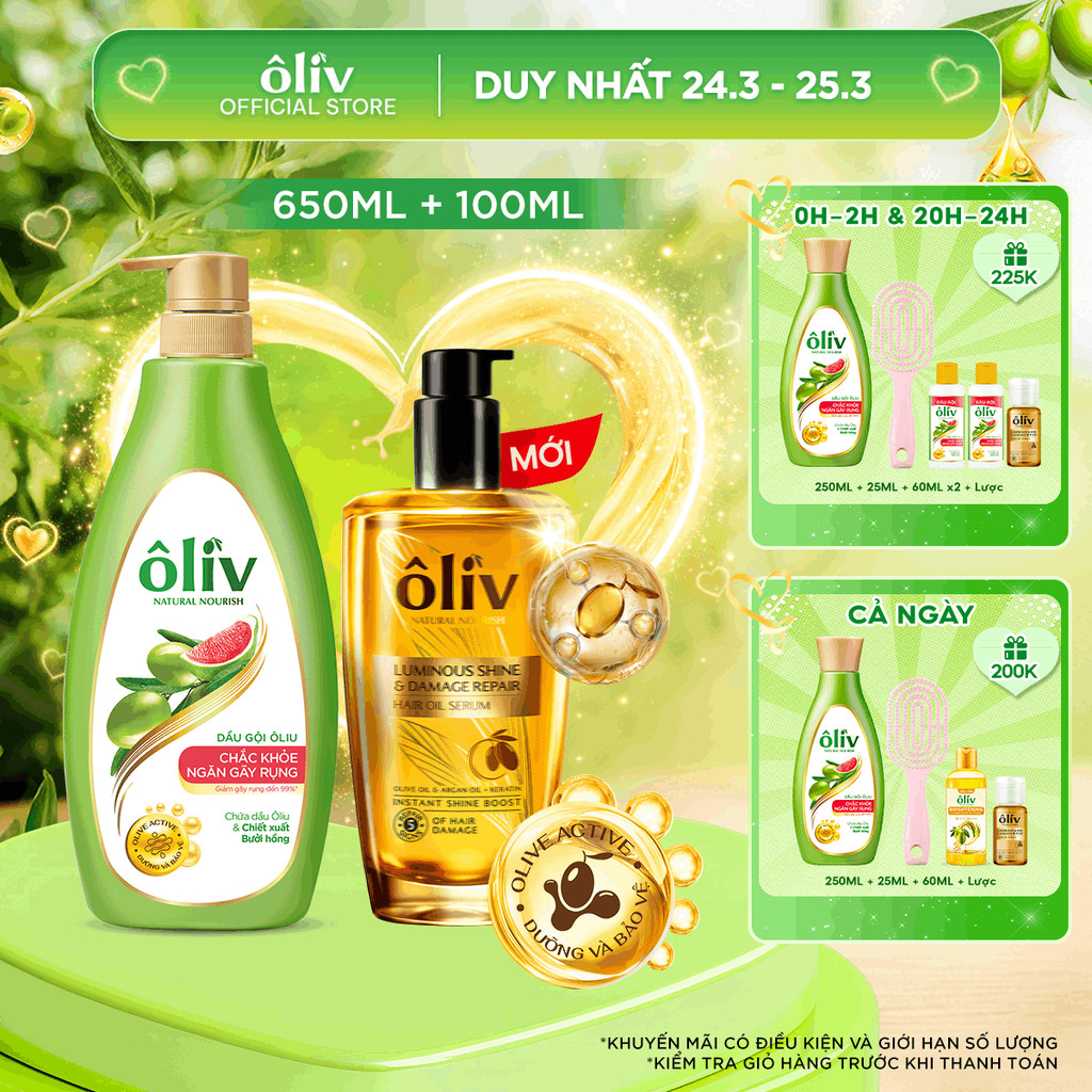 [MỚI] Combo 2 Bước Ôliv Cho Tóc Hư Tổn, Giúp Ngăn Gãy Rụng Dầu Gội 650ML + Serum Dầu Dưỡng Không Bết Tóc 100ML
