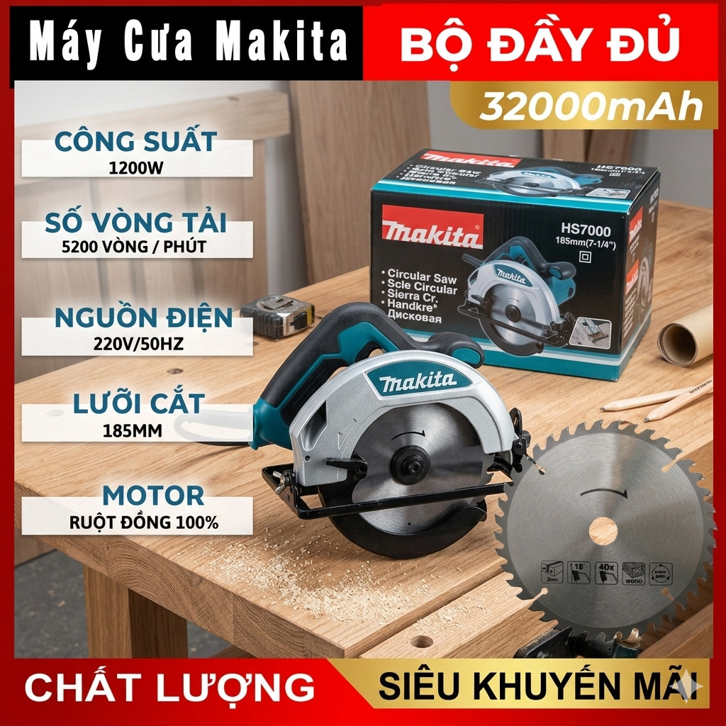 Máy Cắt Gỗ Cầm Tay lưỡi cắt HS7000 185mm (tặng kèm lưỡi cưa gỗ theo máy ) , máy cưa đá makta 1200W