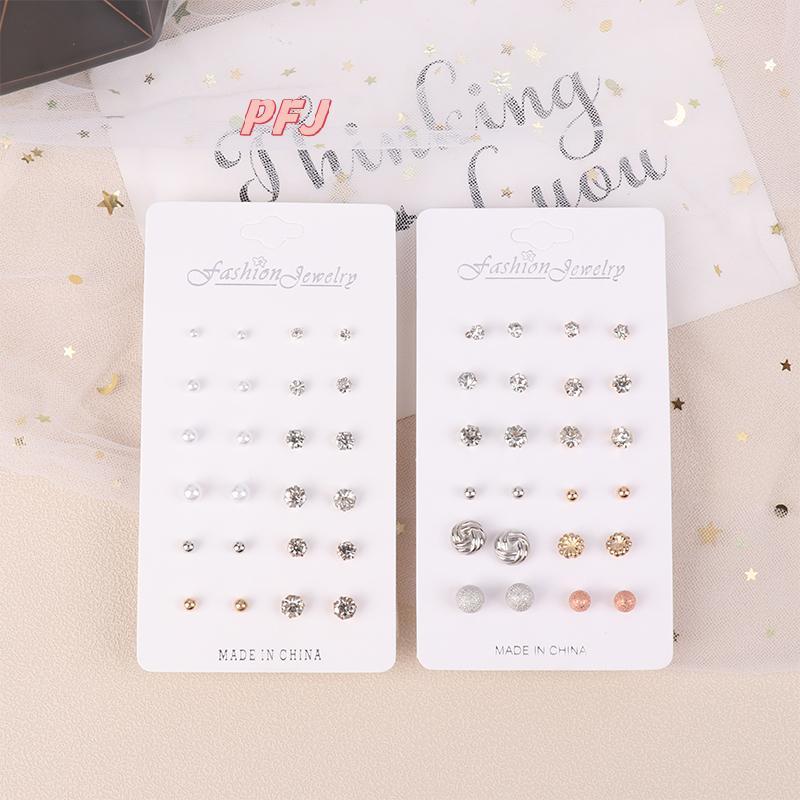 PFJ Bộ 12 Cái Bông Tai Hình Học Đơn Giản Kim Cương Giả - Trang Sức Thời Trang louislifestar