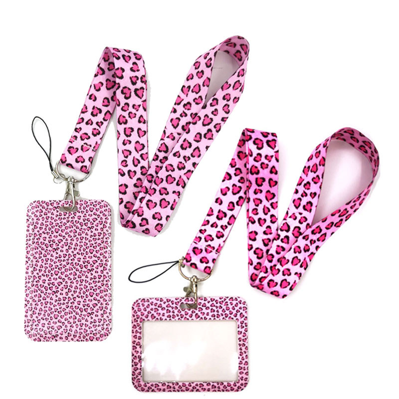 Pink Leopard Print Lanyard Credit Card ID Holder Bag Student Women Travel Card Cover Badge Car Keych