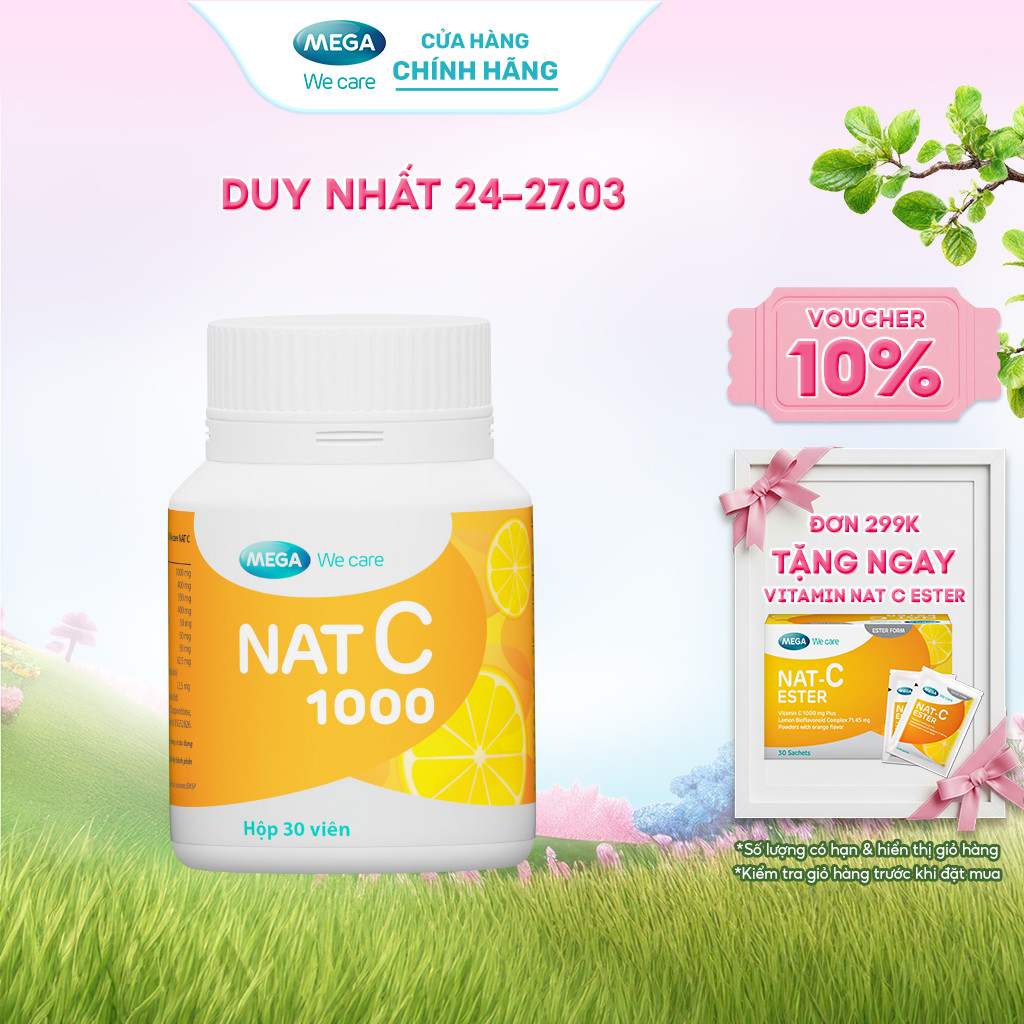 Thực phẩm bảo vệ sức khỏe Mega We Care NAT C cung cấp Vitamin C cho cơ thể (Chai 30 viên)