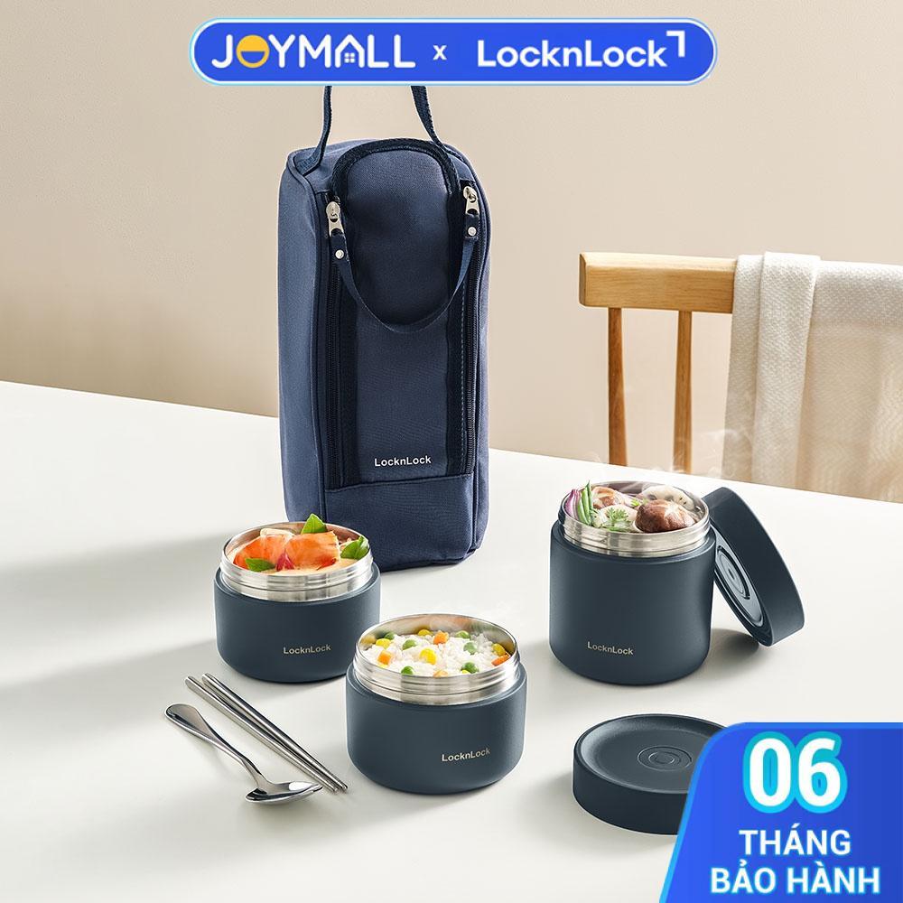 Bộ 3 Hộp Cơm Giữ Nhiệt LocknLock Lunch Box LHC8052S01 1.1L, Hàng Chính Hãng, Kèm Túi, Muỗng Đũa - Jo
