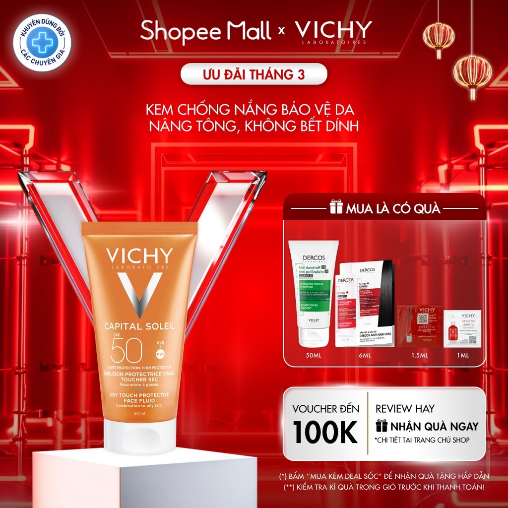 Kem chống nắng không nhờn rít, nâng tông tự nhiên, mỏng nhẹ SPF 50+ UVA & UVB Vichy Capital Soleil Dry Touch
