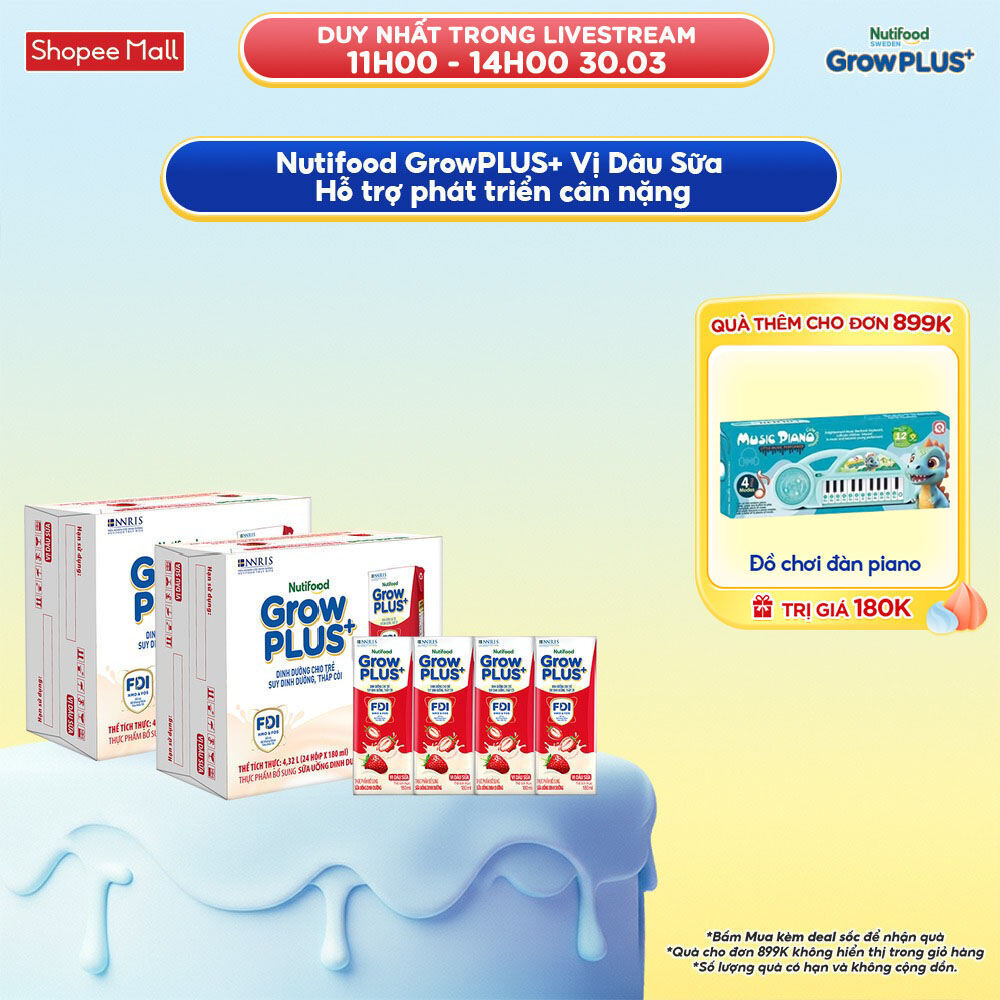 Combo 2 Thùng 24 hộp Sữa bột pha sẵn Nutifood GrowPLUS+ Vị Dâu Sữa hộp 180ml - Trên 1 tuổi