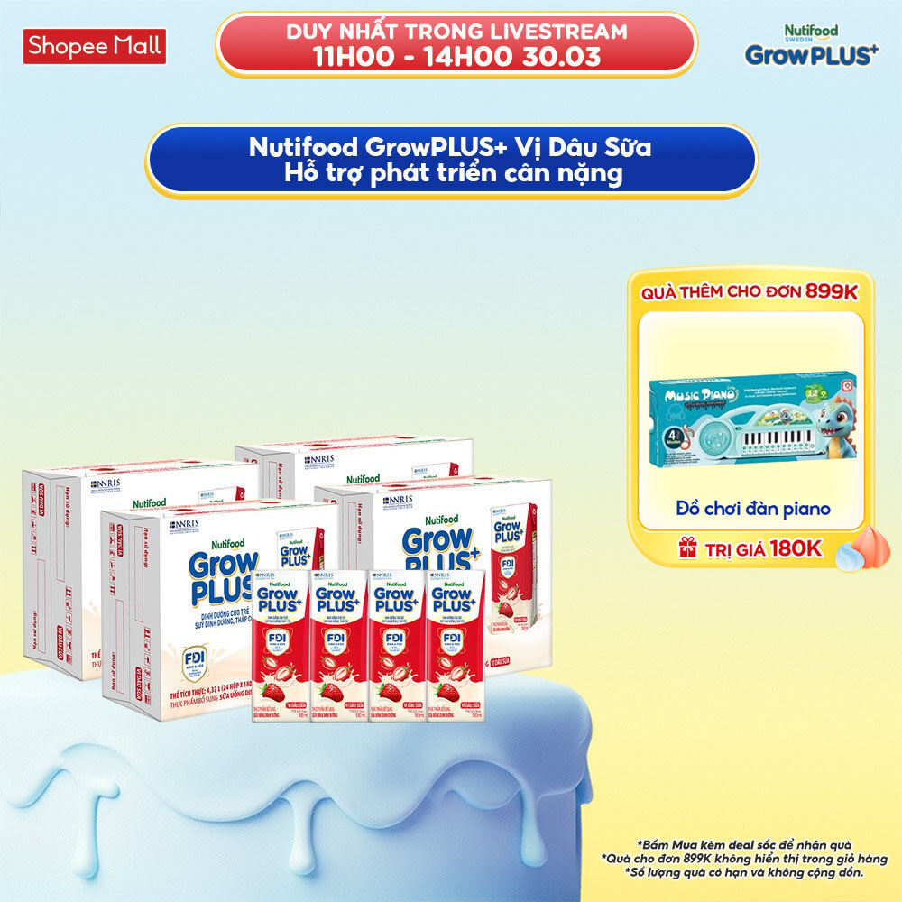 Combo 4 Thùng 24 hộp Sữa bột pha sẵn Nutifood GrowPLUS+ Vị Dâu Sữa hộp 180ml - Trên 1 tuổi
