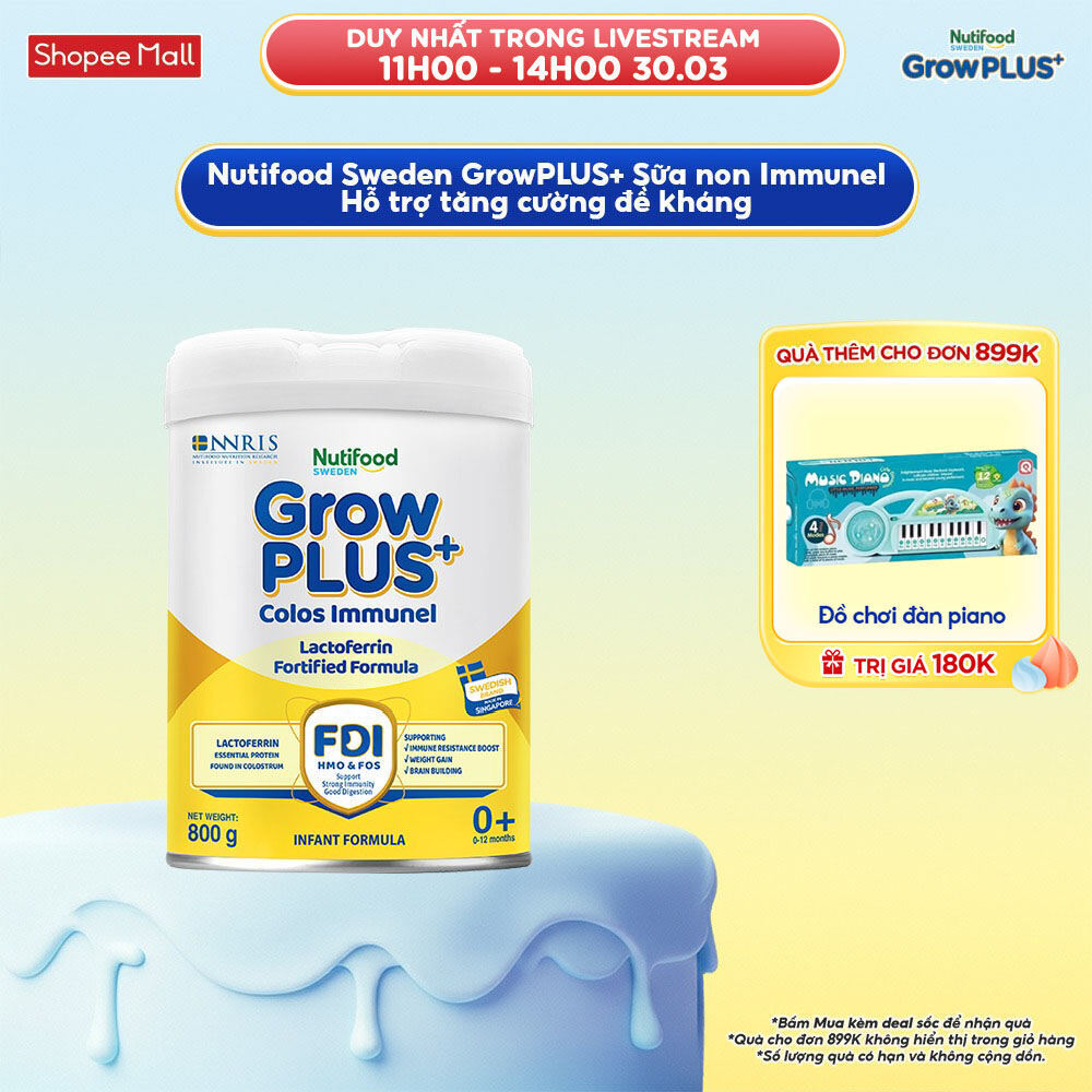 Sữa Bột Nutifood Sweden GrowPLUS+ Sữa Non Immunel từ 0 - 12 tháng lon 800 g (Bao bì tuỳ lô hàng)