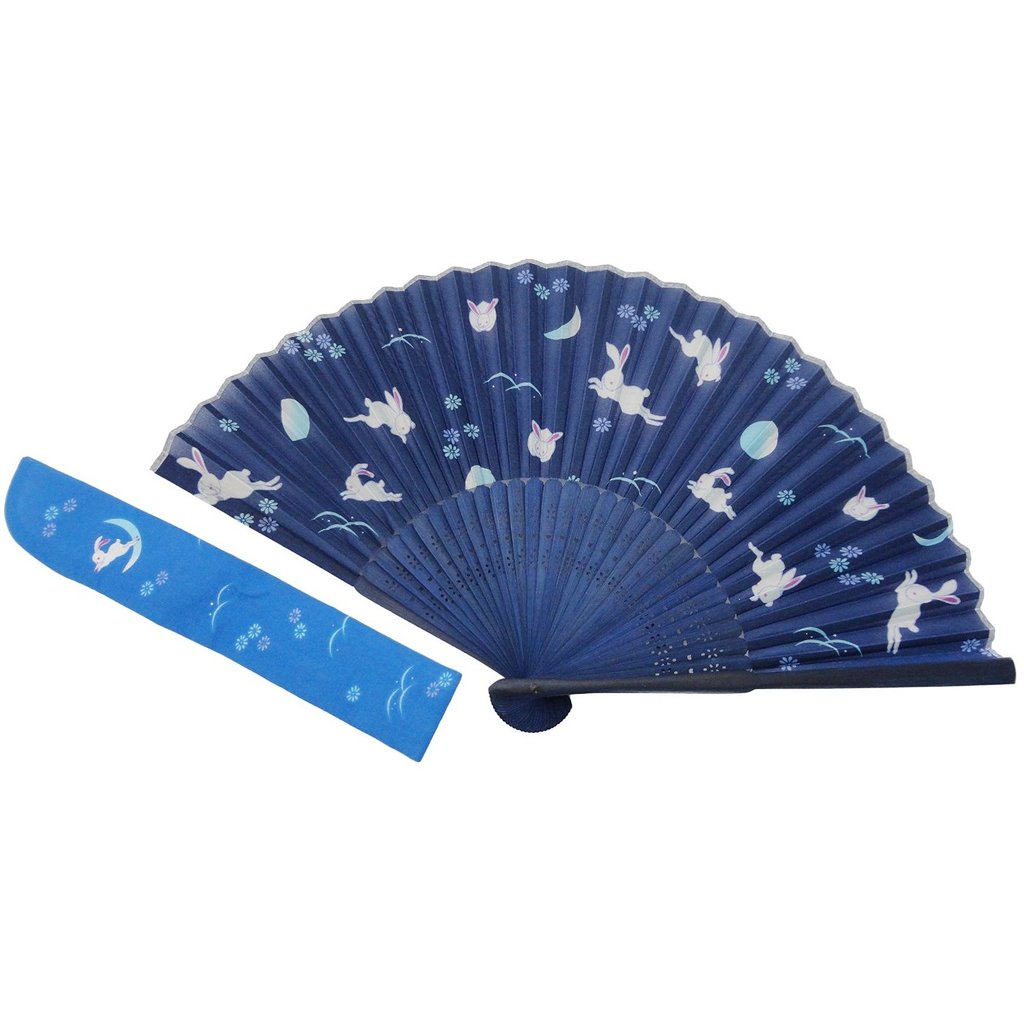 Moon Rabbit Folding Fan 1pc Lucky Animal Japanese Style Hand Fan with Case
