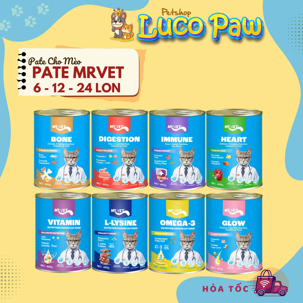 Combo Pate MRVET 6 - 12 - 24 Lon 400G Tiêu Hóa, Sáng Mắt, Mượt Lông