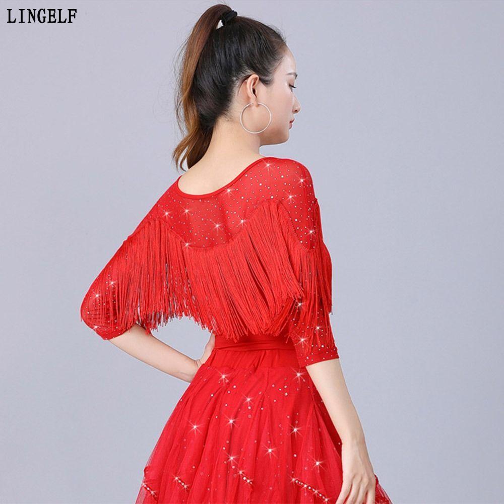 LINGELLF Latin Dance Top, Áo dạ hội biểu diễn sáng bóng, Phụ kiện khiêu vũ thời trang Tua rua Samba 