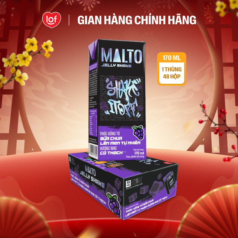 Sữa chua lên men tự nhiên MALTO Jelly Shake Shake It Off hương nho có thạch thùng 48 hộp x 170ml