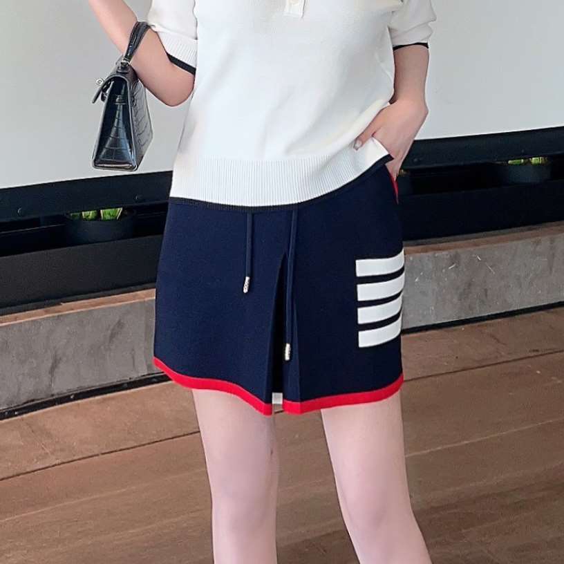 LWZZ TM Ladies25Spring and Summer Four-Stripe Knitted Ice Linen Casual Bodycon Short Skirt with Draw