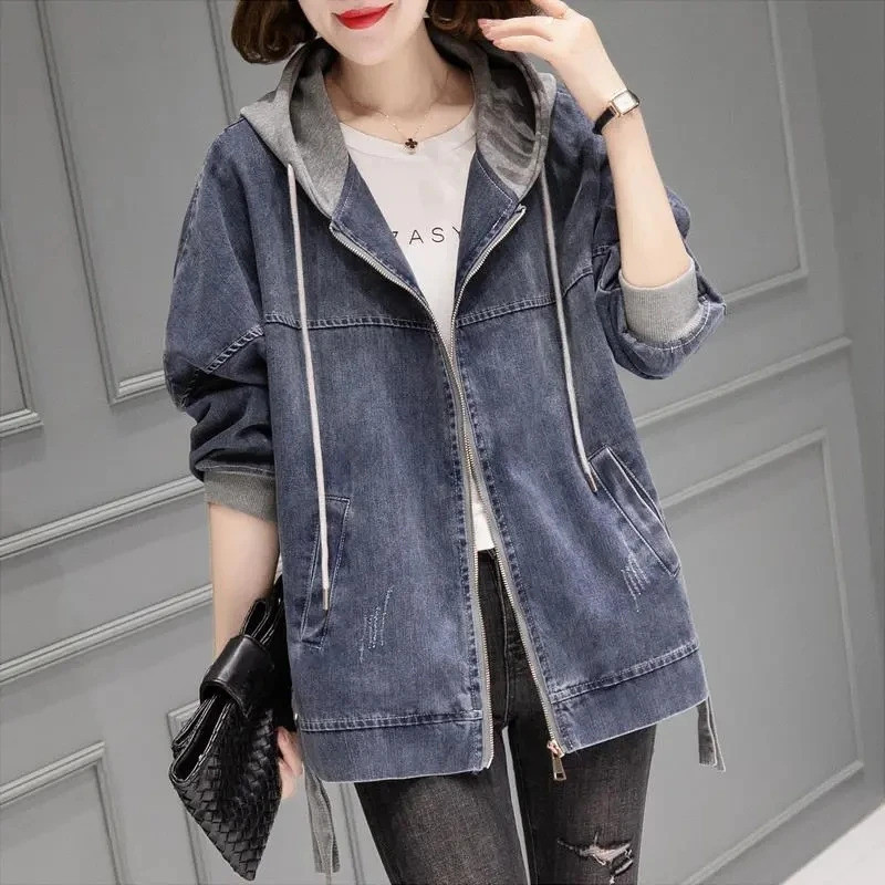 ZH [Còn hàng] Áo khoác denim có mũ phối màu dành cho nữ, kiểu dáng Hàn Quốc mới 2026, dáng rộng, cỡ 