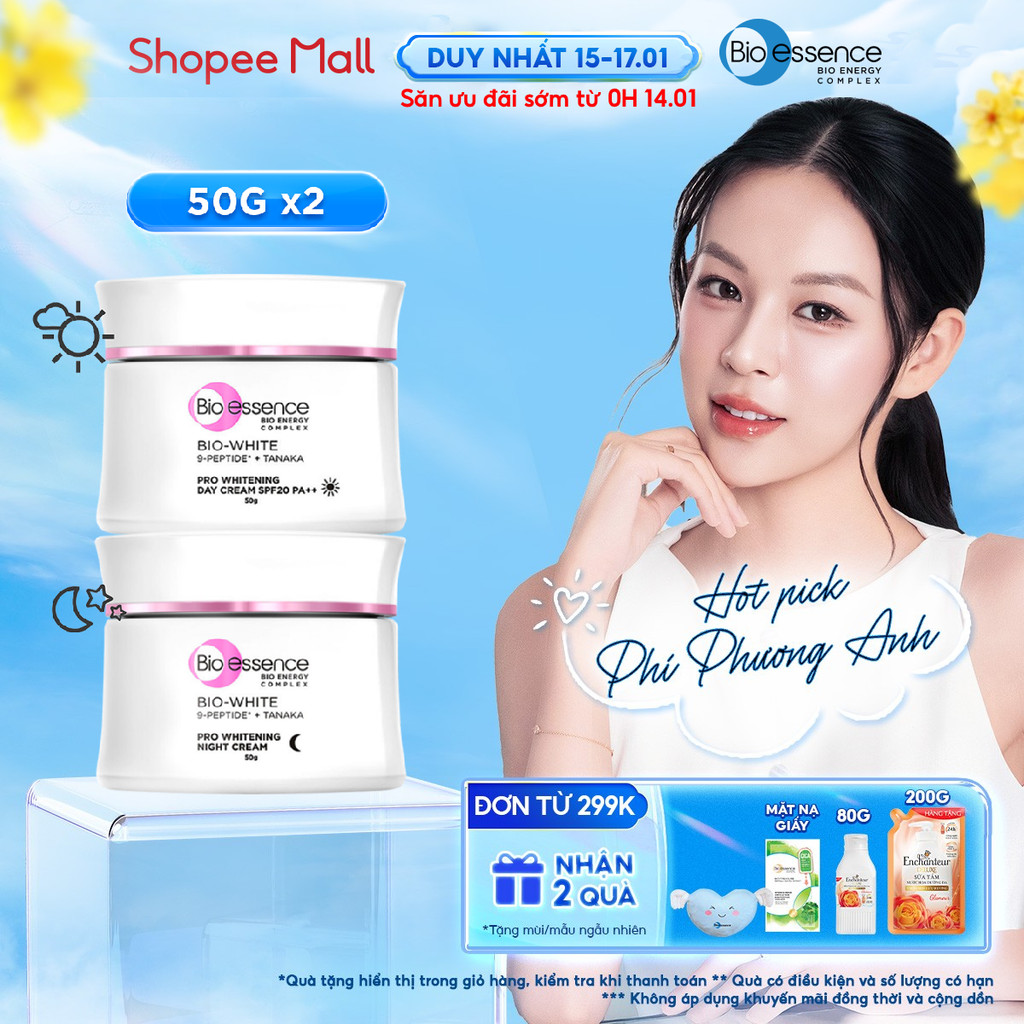 Combo dưỡng da sáng mịn Bio-Essence Bio-White Kem dưỡng ngày và đêm (50gr x2)