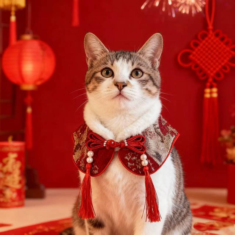 [Pet New Year Scarf] Pet New Year Chinese Shawl Cat Pearl Tassel Design Scarf Cute Dog Red Festive S