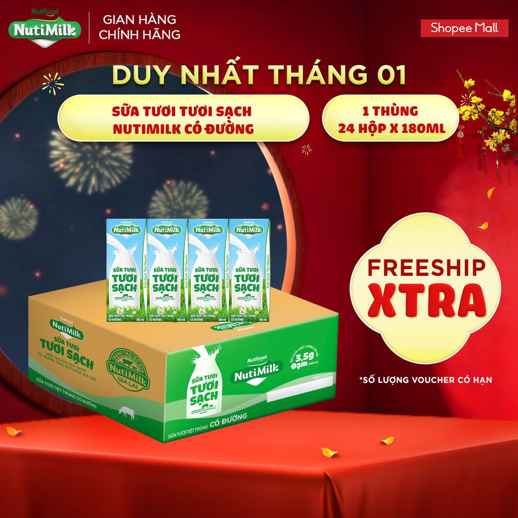 Thùng 24 Hộp Sữa Tươi Tươi Sạch NutiMilk 180ml