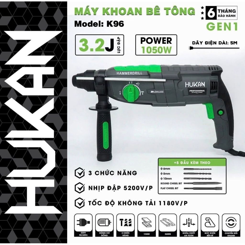 [Vàng] Máy Khoan Bê Tông Chính Hãng HUKAN HK-K96 - 3 Chức Năng Công Suất Định Mức 1050W