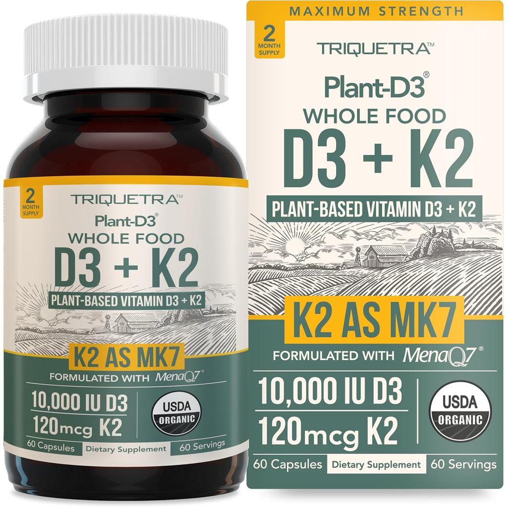 Cây hữu cơ D3 + K2 | 10000 IU D3 + 120 mcg K2 dưới dạng All-Trans MK7 từ MenaQ7® - Nguyên chất 100%,