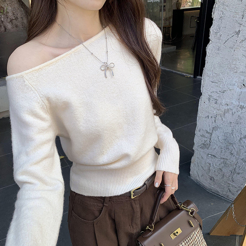 sweater off-shoulder sweater Đầm len dệt kim off-the-shoulder vai lệch cổ phẳng phong cách nhẹ nhàng