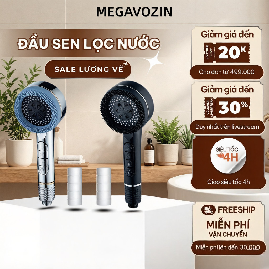 Bộ lọc đầu vòi hoa sen nước 4 chế độ, lõi lọc với hạt canxi Bộ lọc clo sạch, trầm tích HT042 MEGAVOZ
