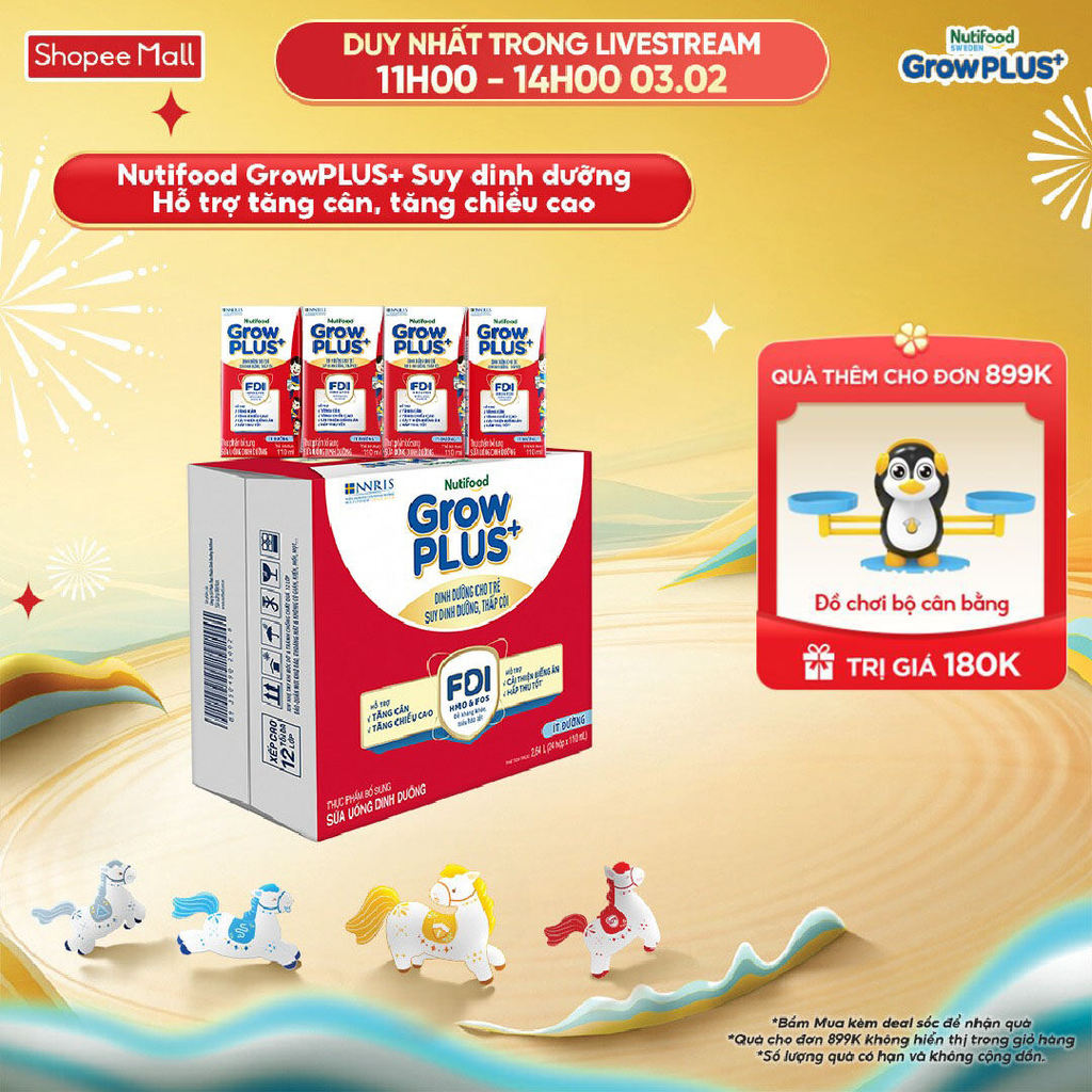 Thùng 24 hộp SBPS Nutifood GrowPLUS+ Suy Dinh Dưỡng (Đỏ) Ít đường 110ml - Tăng Cân, Tăng Chiều Cao (