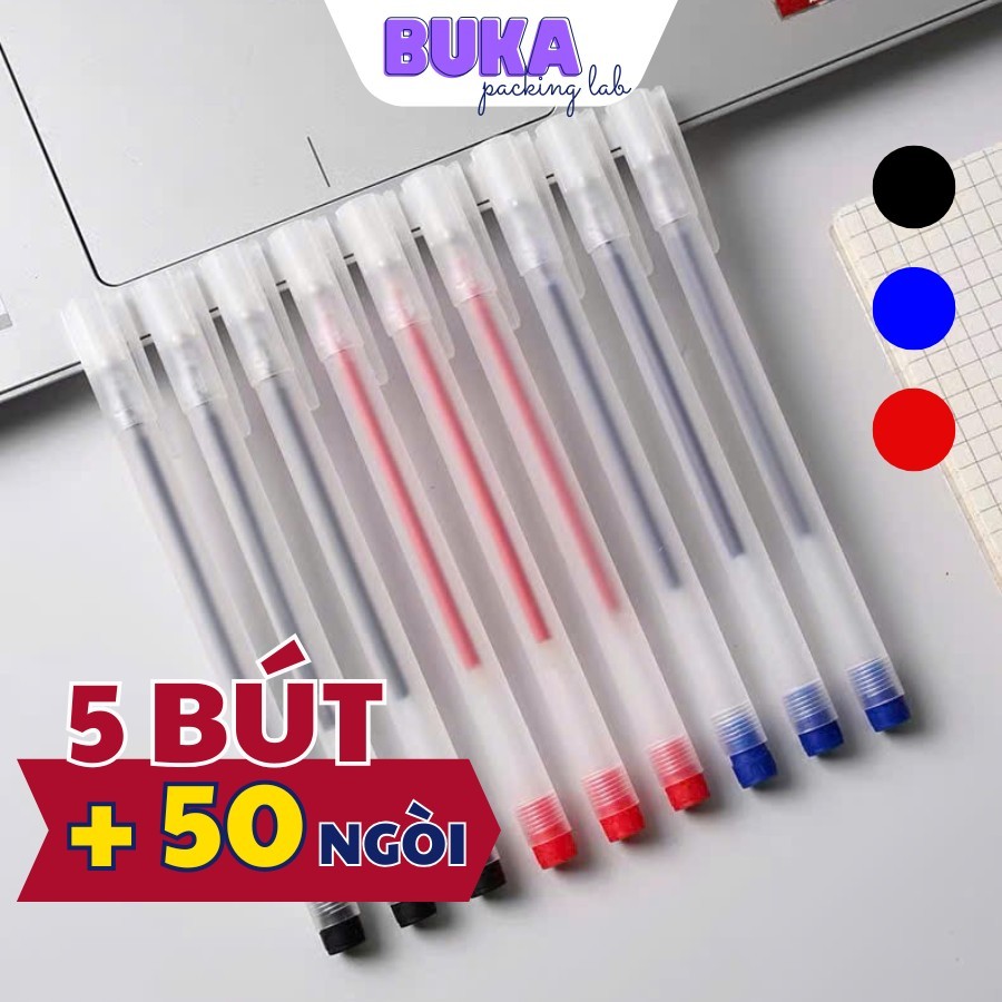 [Thanh Lý Xả Kho] Combo 5 bút 50 ngòi Bút gel khô nhanh 3 màu đen xanh đỏ Decrome thay được ngòi 13c