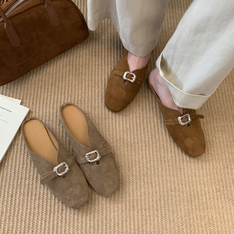 [Lamode] Dép nửa ngón chân bằng da Nubuck đế dày cổ điển dành cho nữ mặc ngoài thường ngày Người lườ