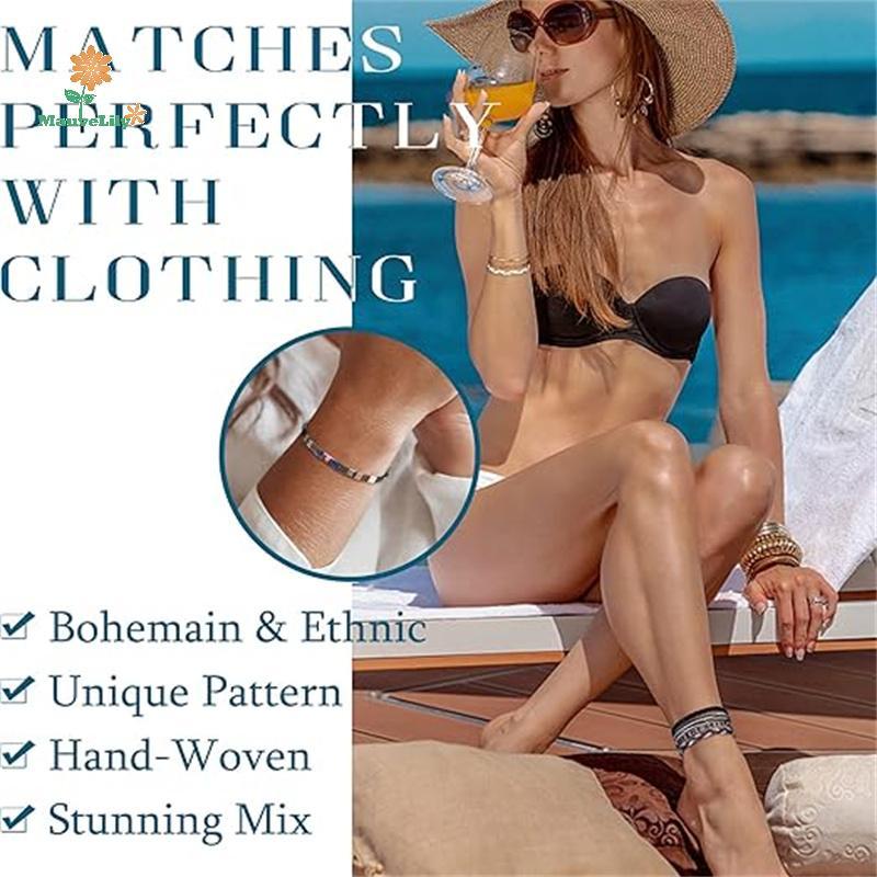 Vòng cổ tay và ankle bracelet boho điều chỉnh được, đính cườm, bện thủ công - Thích hợp cho mùa hè