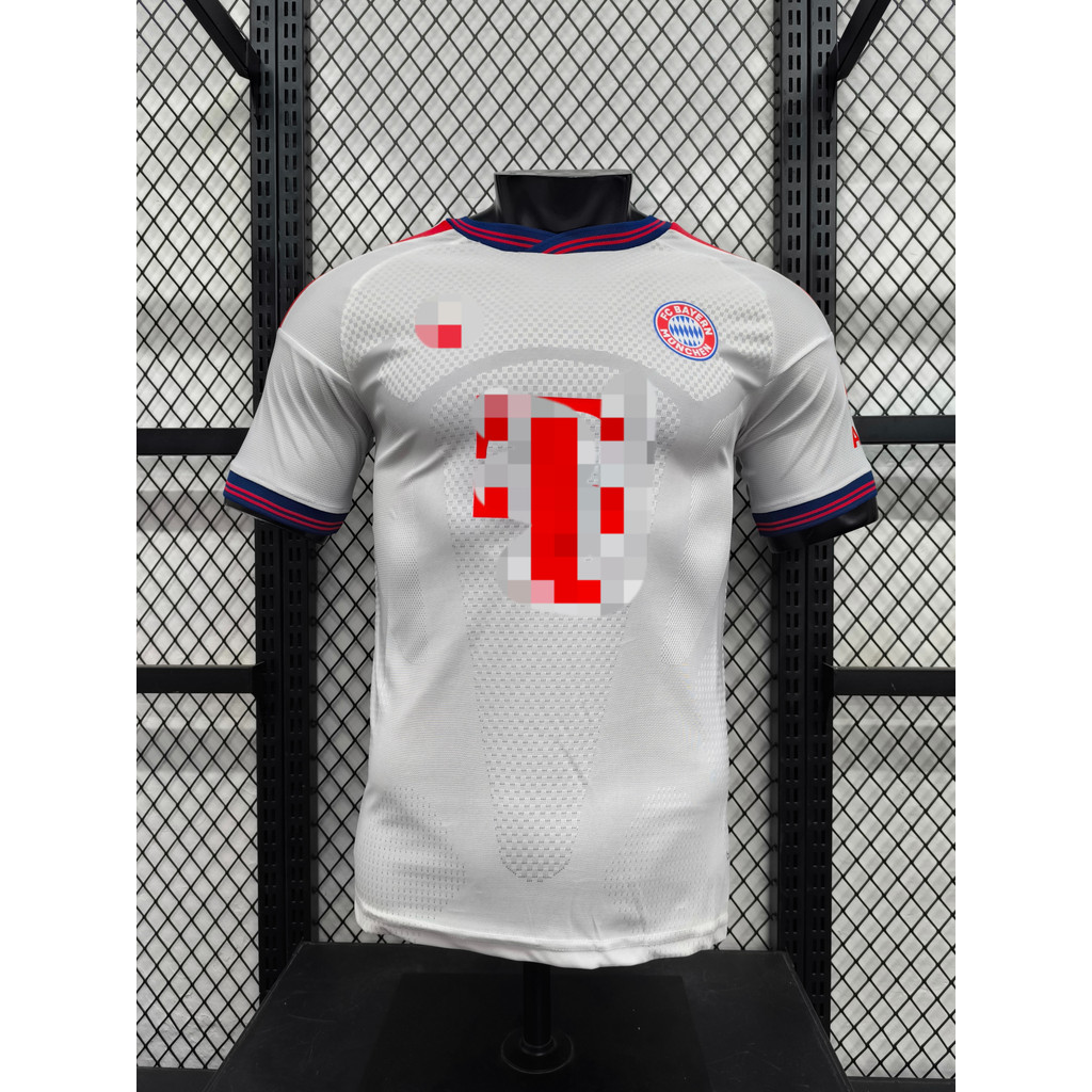 Jersey trắng Bayern Munich phiên bản 2026-27, áo thi đấu chất lượng cao, kích cỡ từ S đến 2XL, có tù