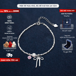 Lắc tay đồng trắng nơ tim hồng Promise Asimi,  vòng tay đồng trắng dịu dàng trong veo Quiet Promise LD04