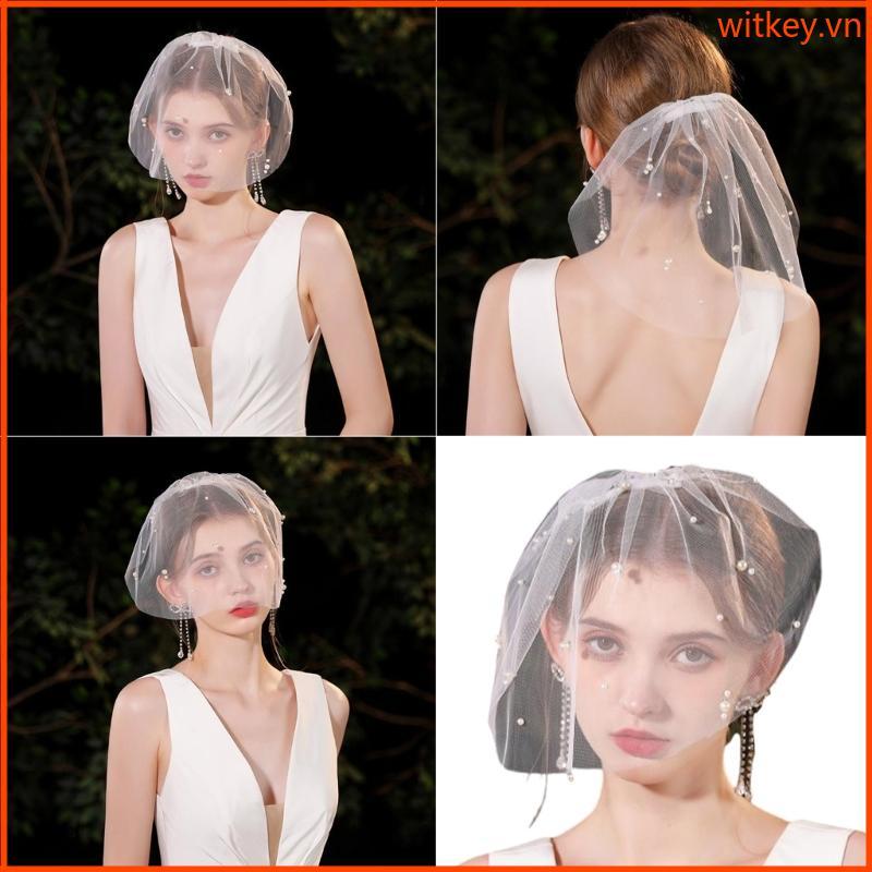 WIT Pearls Bridal Veil White Face Cover Mantilla Bridal Wedding Veil Head Cover