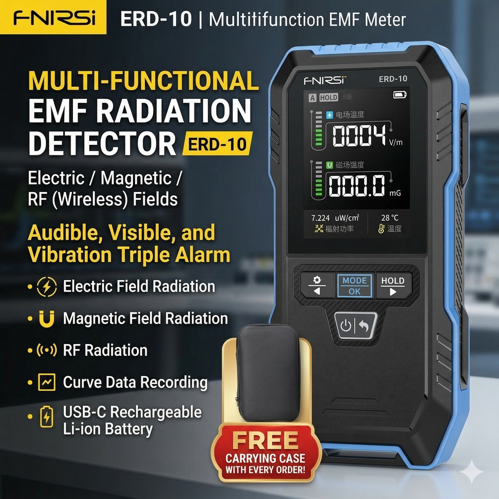 Máy đo bức xạ điện từ 3 trong 1 FNIRSI ERD-10, màn hình nền LED, cảnh báo từ trường cho thiết bị điệ