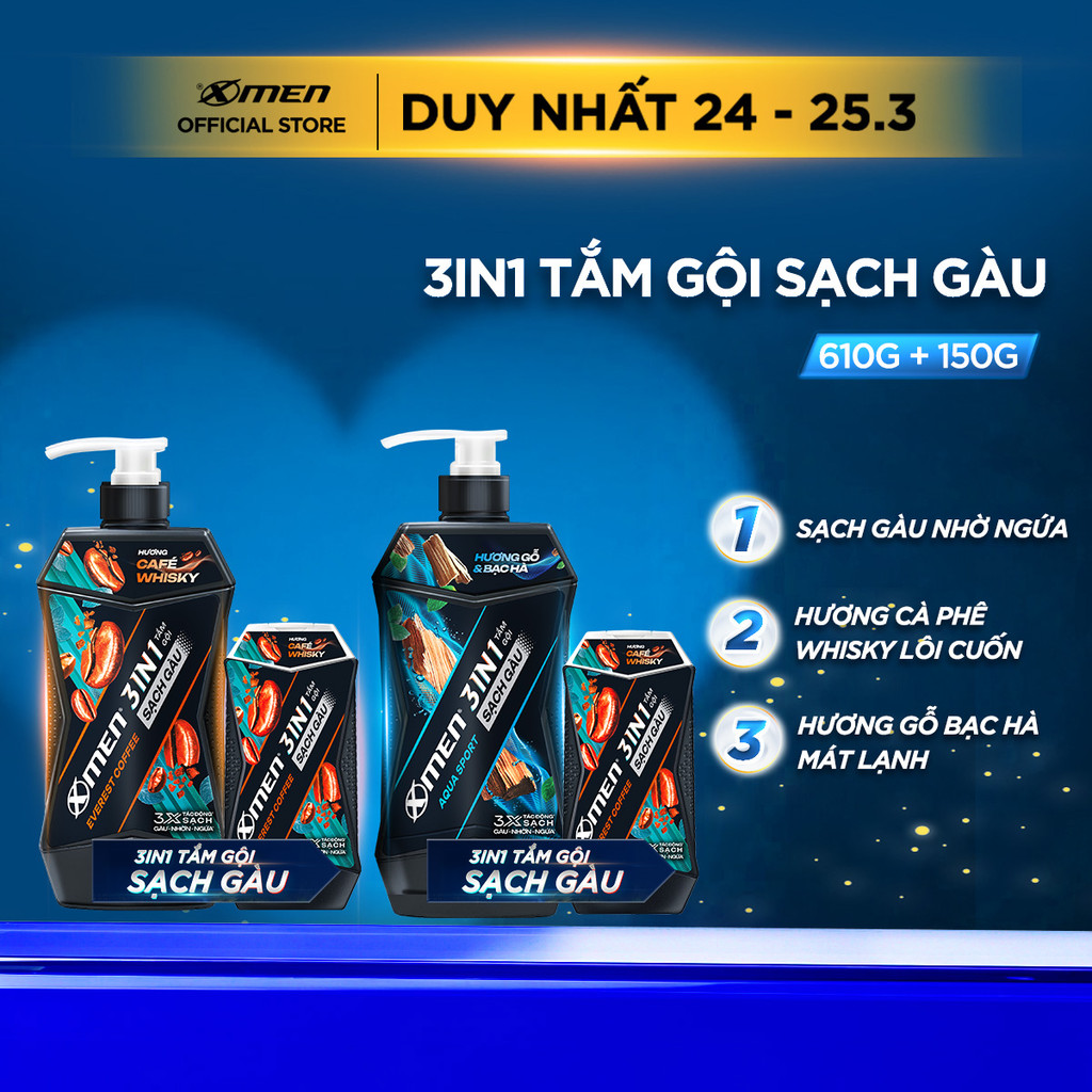Combo Tắm Gội Sạch Gàu 3in1 Xmen Everest Coffee/ Aqua Sport 610g và Tắm Gội Coffee 150g