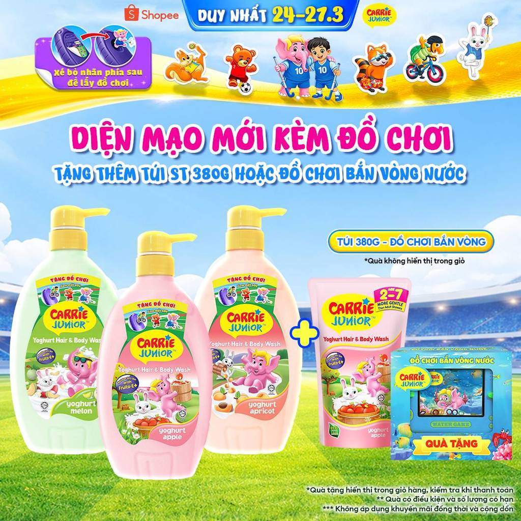 [MỚI-Tặng đồ chơi bắn vòng nước] Chai Sữa Tắm Gội cho bé Carrie Junior Yoghurt hương trái cây 700g (Tặng mùi ngẫu nhiên)