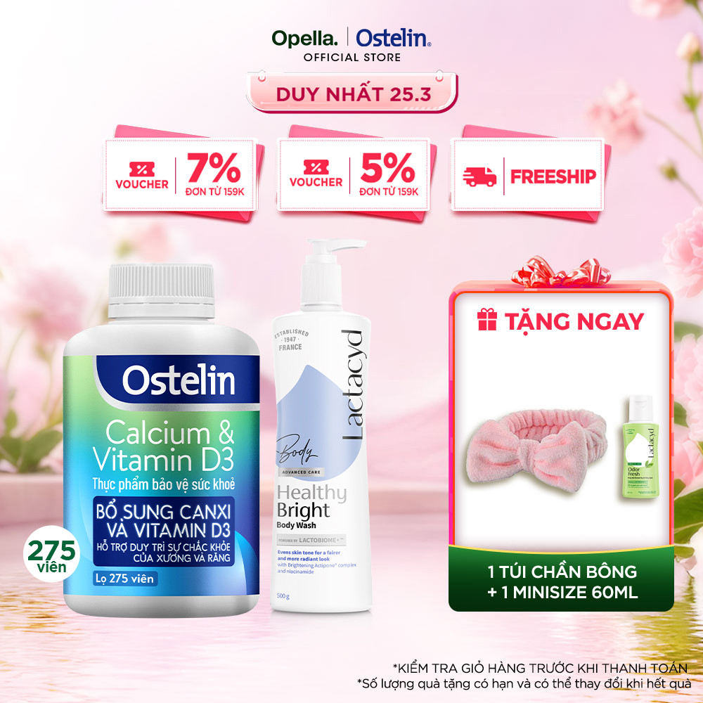 Ostelin Viên Uống Hỗ Trợ Bổ Sung Calcium & Vitamin D3 275 viên + Sữa tắm Lactacyd Healthy Bright 500