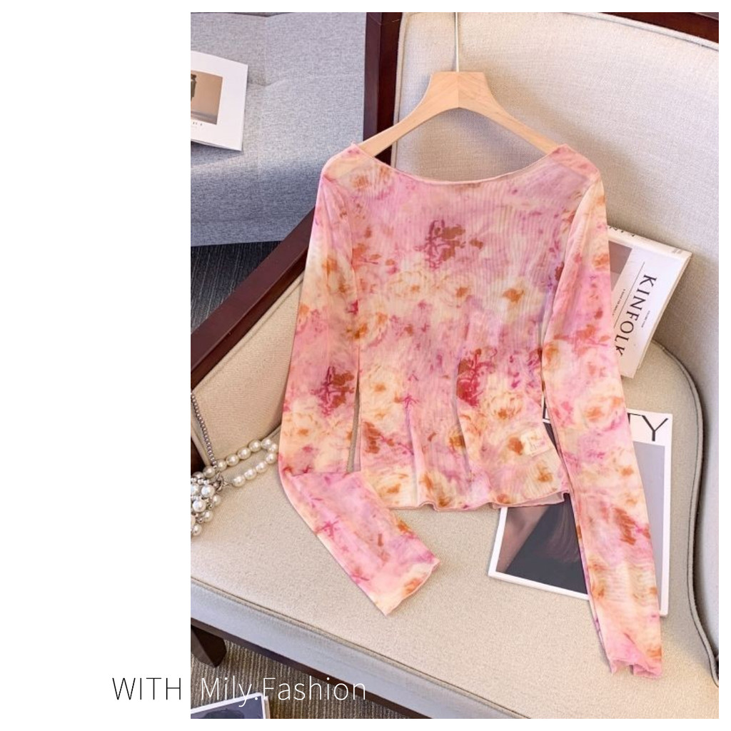 Milyfashion  Mesh Tie-Dye Printing  off-Shoulder T  Summer  Slim Fit  Chic Long Sleeve Sun Protectio