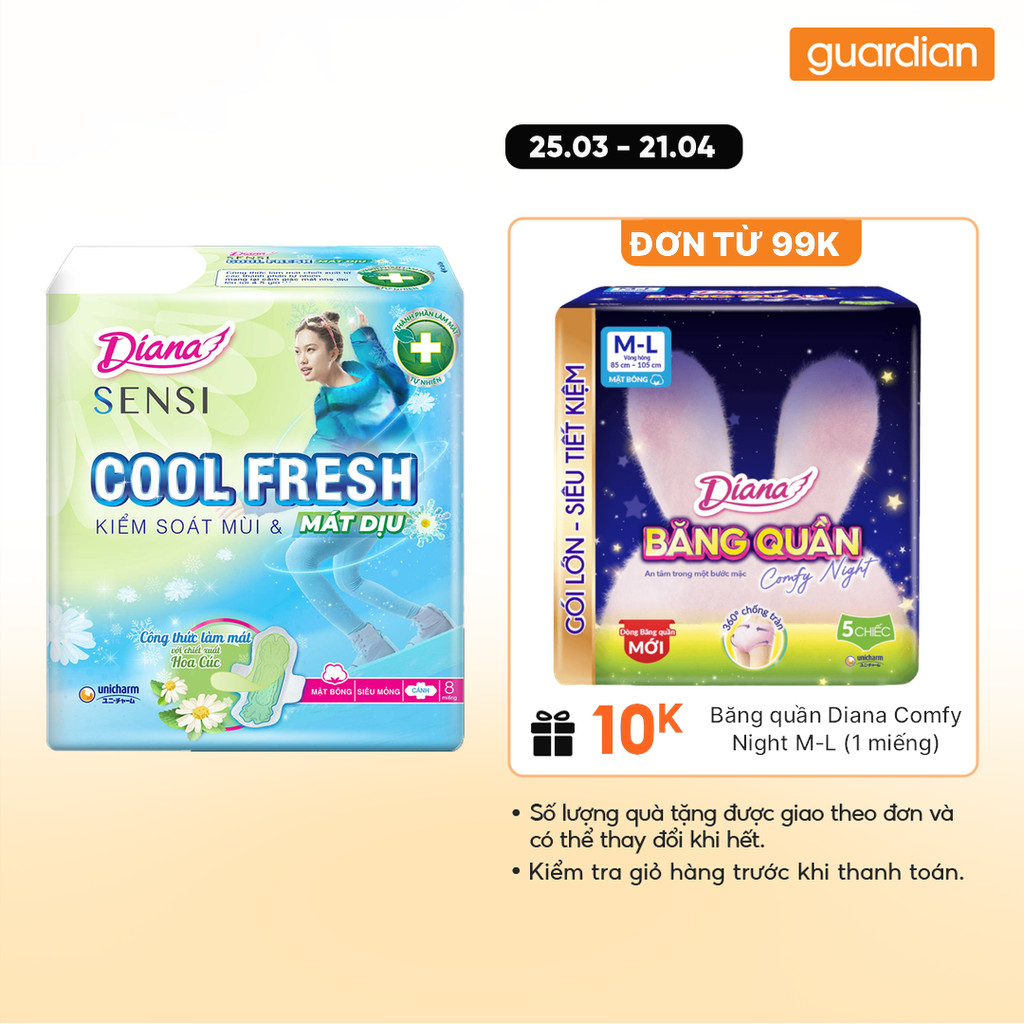 Băng Vệ Sinh Diana Sensi Cool Fresh Mát Dịu Siêu Mỏng Cánh 8 Miếng