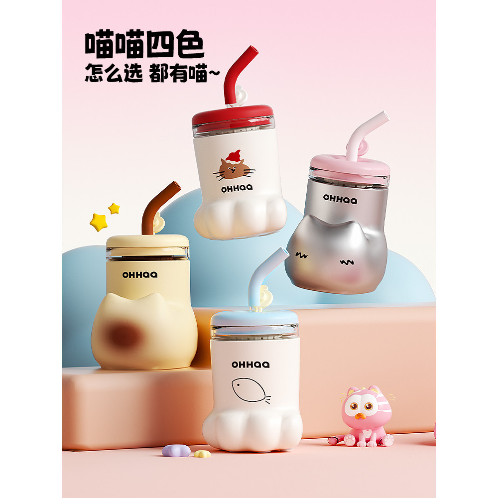 OHHAA Cốc Rơm Thủy Tinh Trà Tách Nước Trà Bé Gái Cốc Di Động Giá Trị Cao Học Sinh Chịu Nhiệt Độ Cao