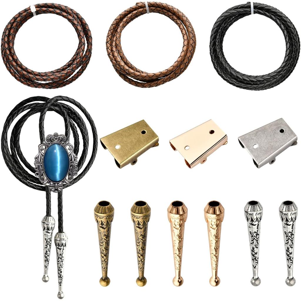 Bộ 3 Bolo Tie Making Kit, Bolo Tie Findings Bộ thay thế Dây da bện 4mm có đầu dây hợp kim và khóa tr