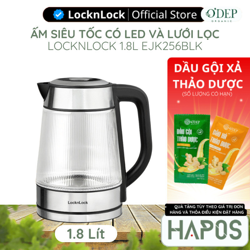 Âm đun siêu tốc thủy tinh LocknLock thép không gỉ có lưới lọc và đèn Led 1.8L EJK256BLK - HAPOS LBE
