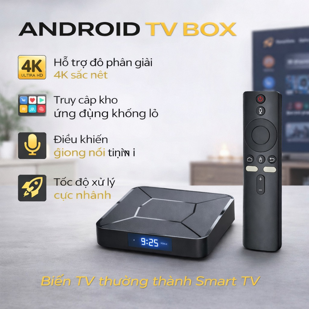 Android TV Box 4K Smart TV – Cắm Là Dùng, Hỗ Trợ 4K Ultra HD Sắc Nét, Truy Cập Kho Ứng Dụng Lớn, Điề