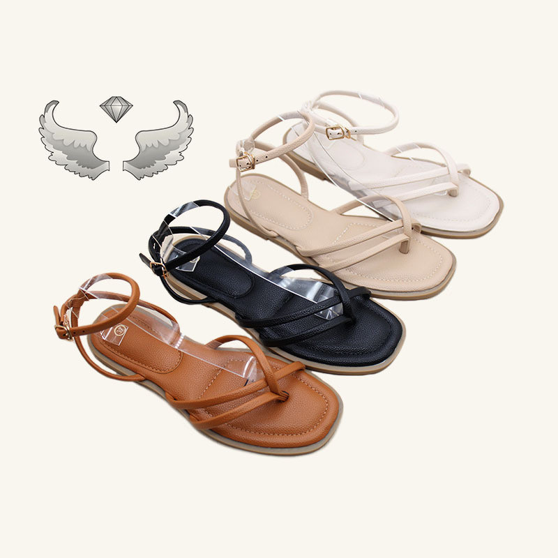 Fodder Horn Nữ Thủ Công Giày Vuông Ngón Chân Flip-Toe Sandal Đế Bằng La Mã Dép Thời Trang