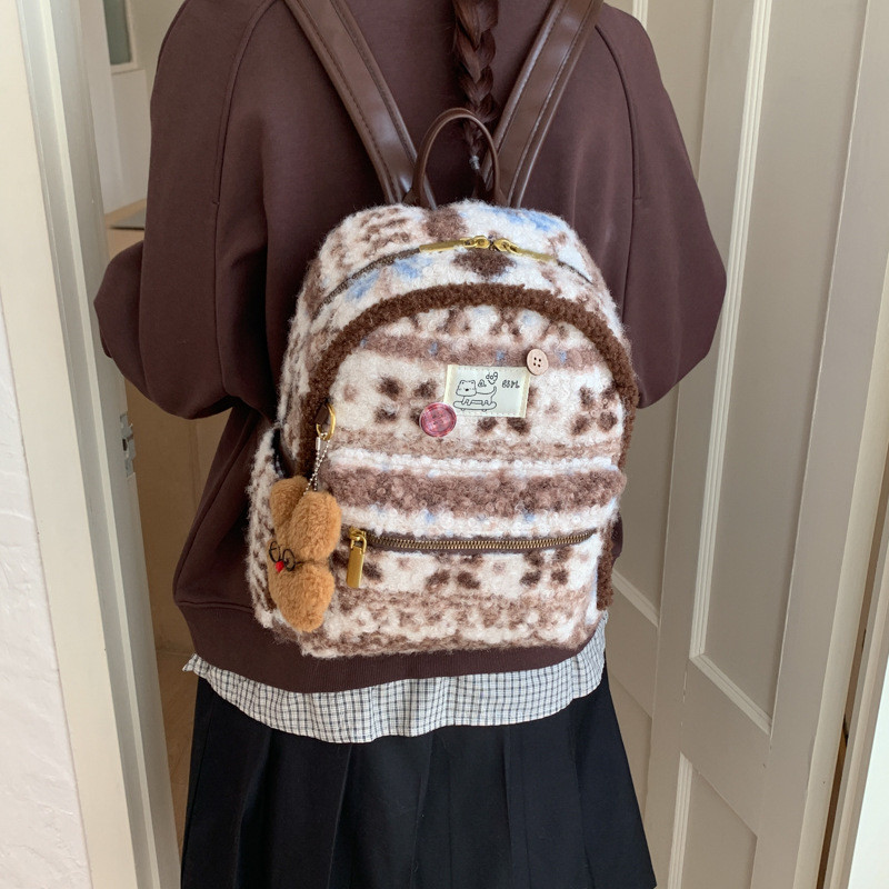 Authentic women's bag, Korean version Fair Isle backpack, large capacity, fashionable and versatile 