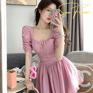 Oder-Váy Liền Cổ Vuông Xương Cá Phong Cách Thuần Khiết Váy Ngắn Tiên Nữ Thon Gọn Chiết Eo Xếp Ly Khí Chất Cổ Điển