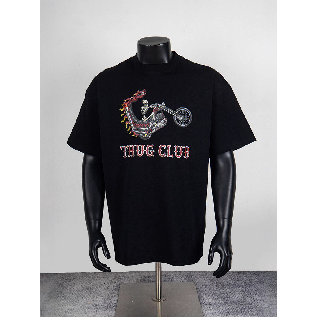 3IJN Thug club Street Retro Evil Dragon Skeleton Knight Logo Printed Loose Casual Short Sleeve T Shi