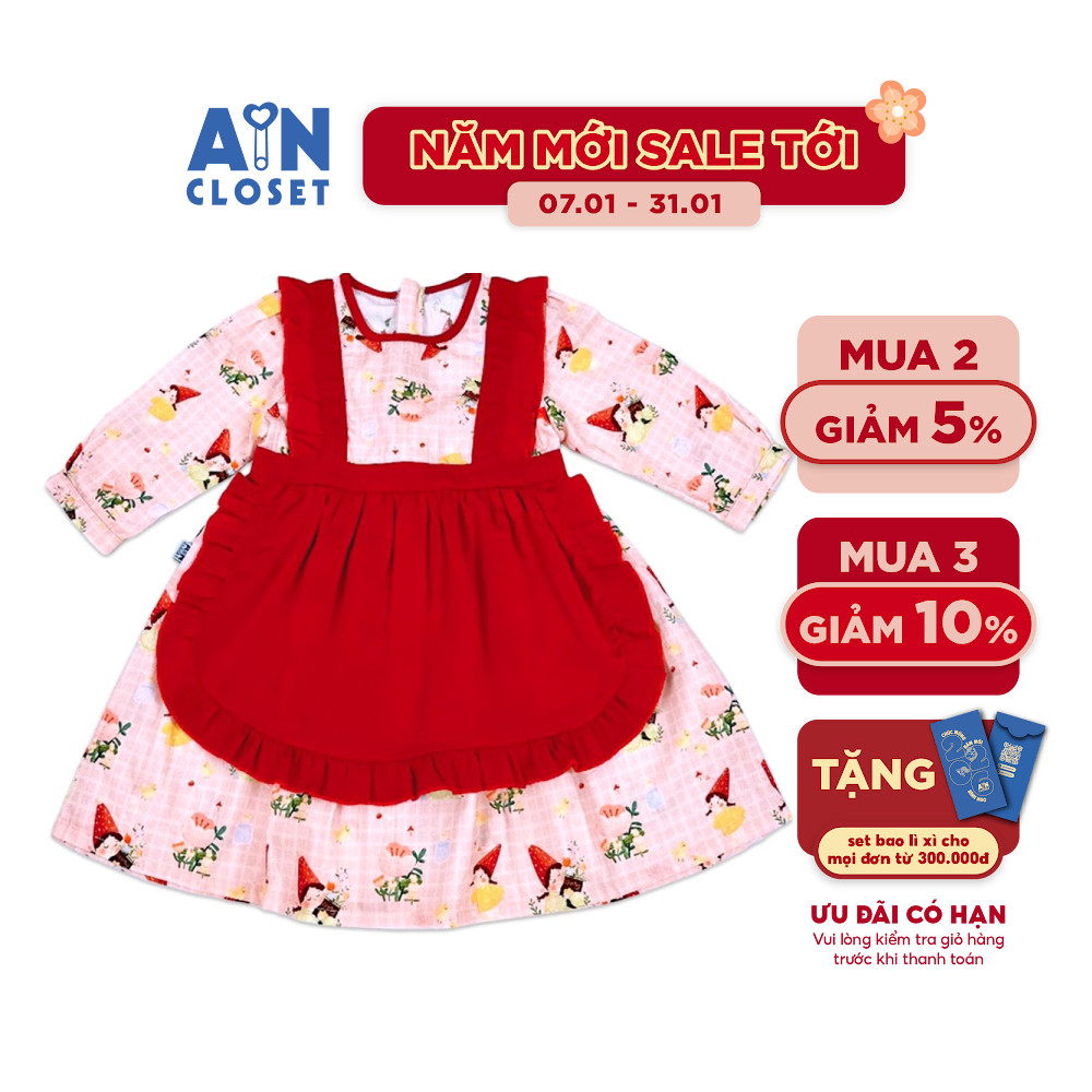 Đầm tay dài bé gái họa tiết Lolita Bé Đỏ cotton - AICDBGIG0ALE - AIN Closet