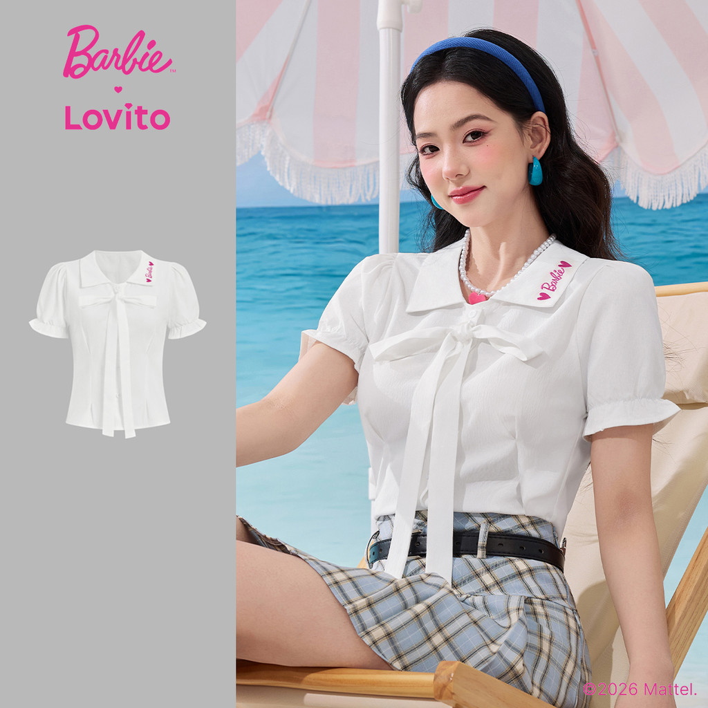 Barbie™ X Lovito Áo sơ mi trắng mùa xuân/hè dành cho nữ, áo sơ mi cài nút thường ngày LB1AD038