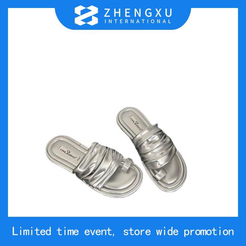 Facesun Dép thông bạc dành cho nữ phong cách mới đế lật đế phẳng xếp ly sandal một dòng để mặc mùa h