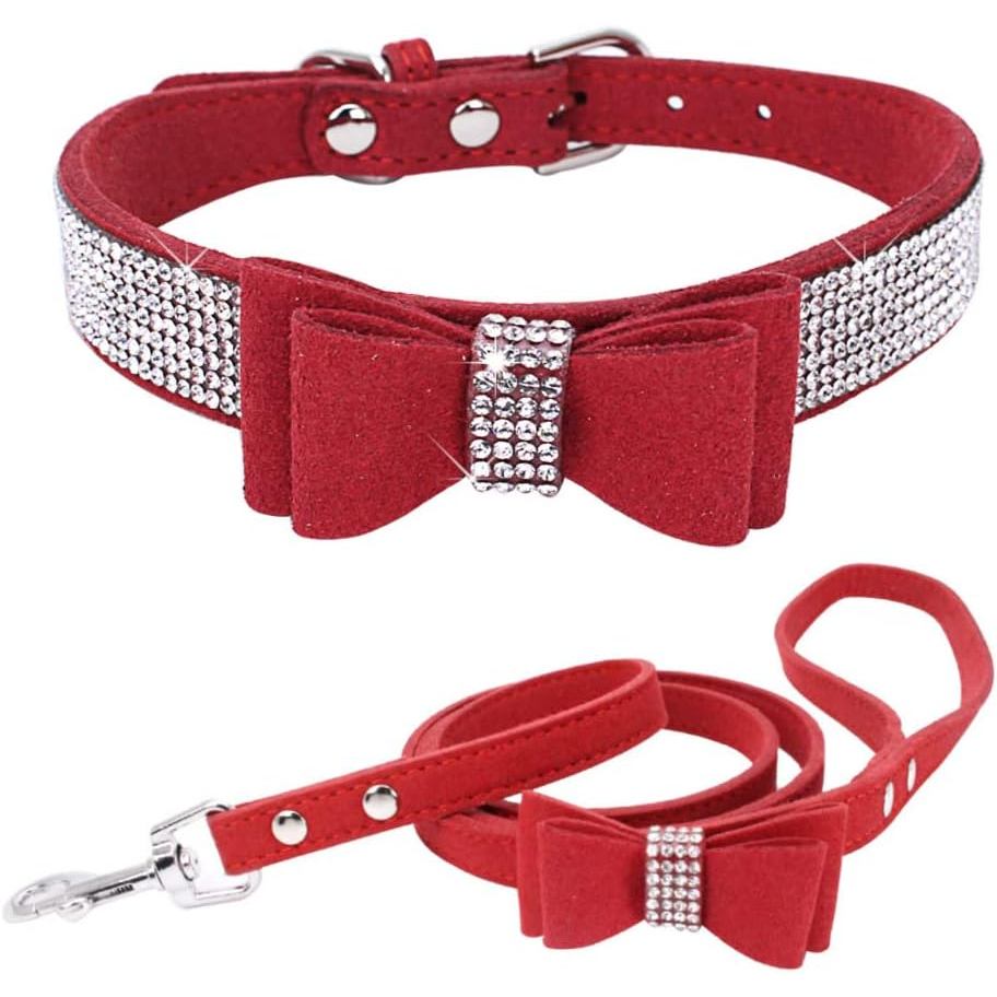 Bộ cổ áo và dây xích cho chó đính đá đỏ có dây buộc nơ, Bling Bowtie Crystal Diamond Girl Puppy Coll