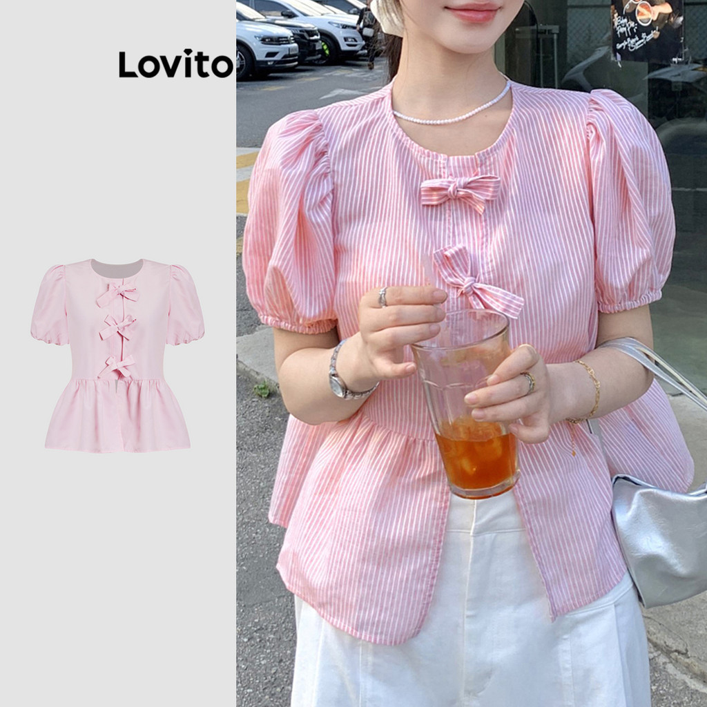 (KOL‘s pick) Lovito Lovito Áo cánh kẻ sọc viền bèo nhún đơn giản cho nữ L113MD333