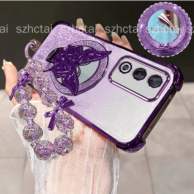 Vỏ Cho OPPO OPPO A3 Pro Bướm Sang Trọng Lấp Lánh Gương Gấp Đứng Hợp Thời Trang Hạt Dây Vòng Tay Dây 